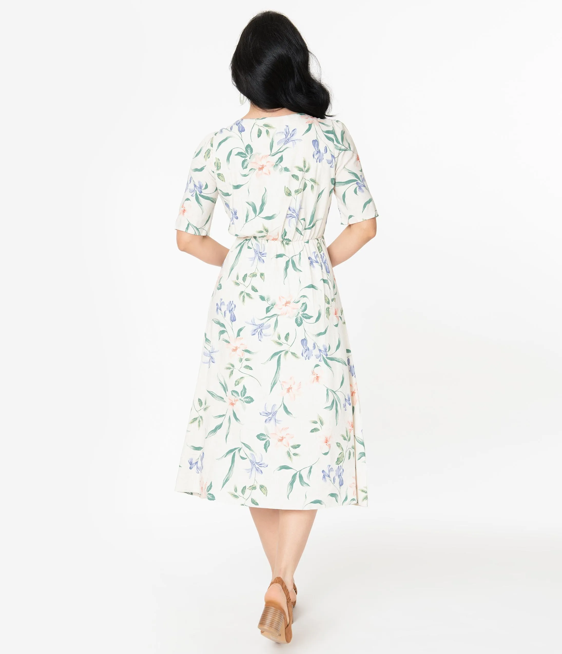 1940s Style Ivory Floral Dress