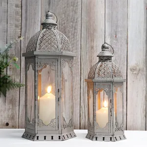 22"&17" H Outdoor Vintage Metal Candle Lanterns(Grey with Black Brush)