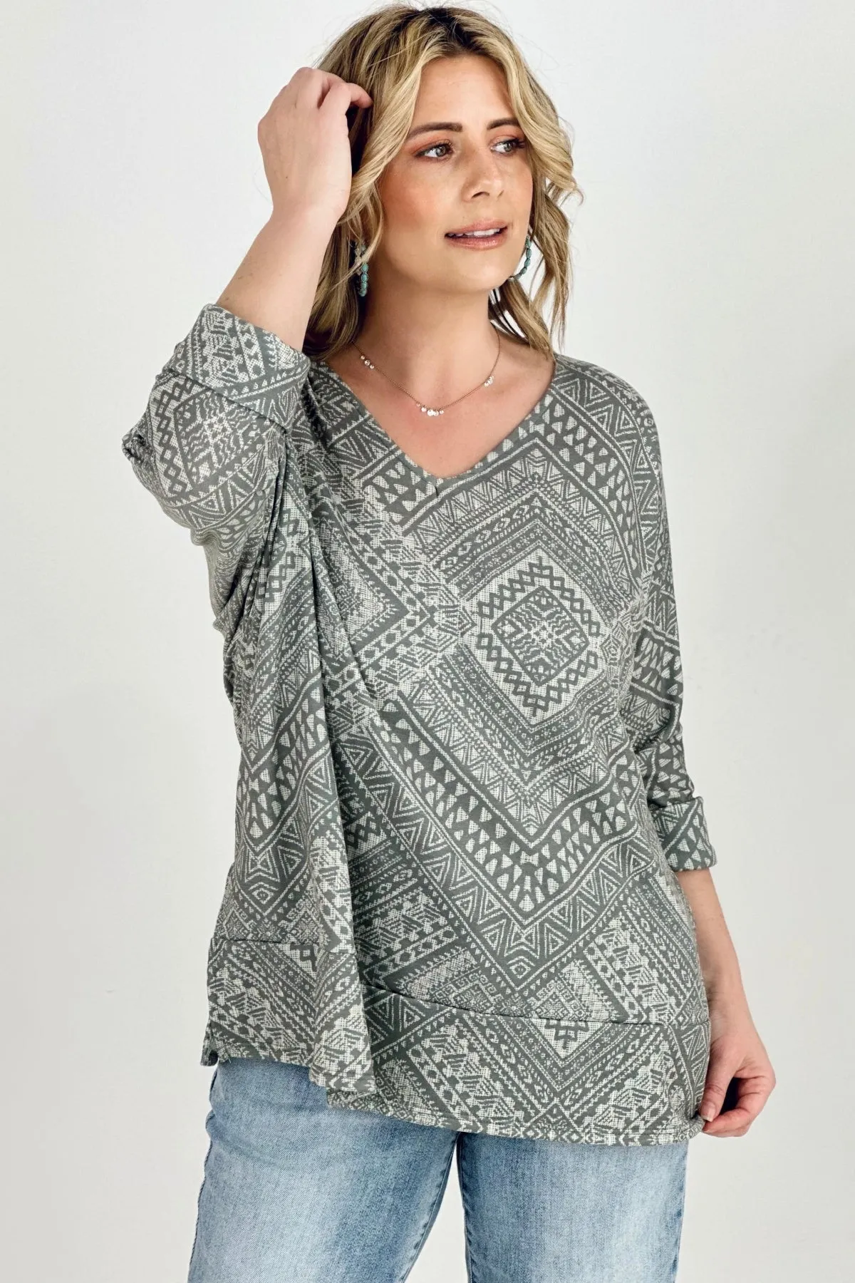 BiBi Aztec Print French Terry V Neck Top - Ships from The US