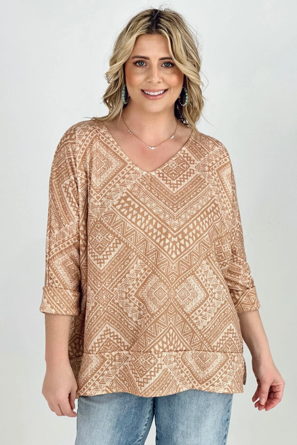 BiBi Aztec Print French Terry V Neck Top - Ships from The US