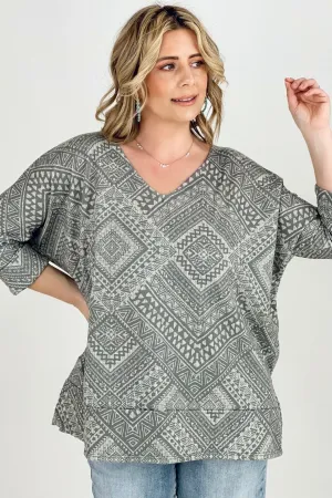 BiBi Aztec Print French Terry V Neck Top - Ships from The US