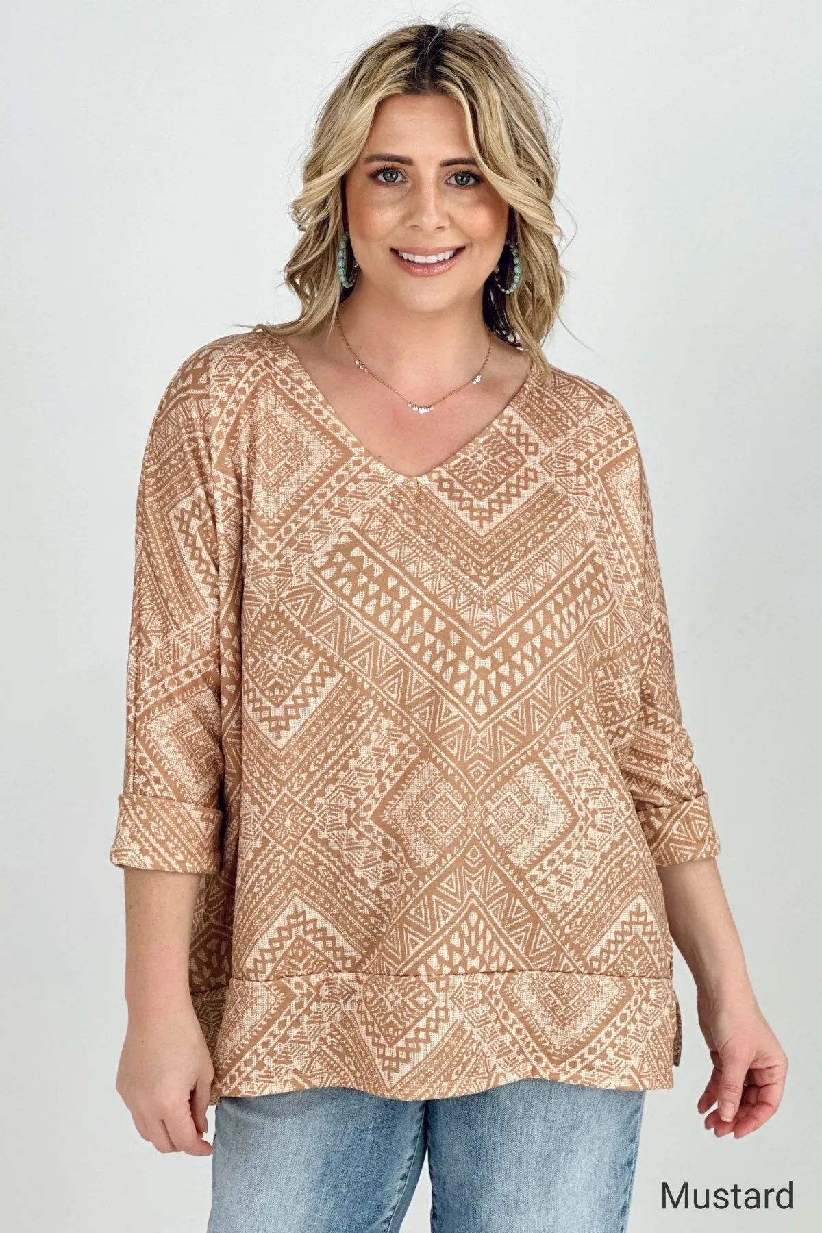 BiBi Aztec Print French Terry V Neck Top - Ships from The US