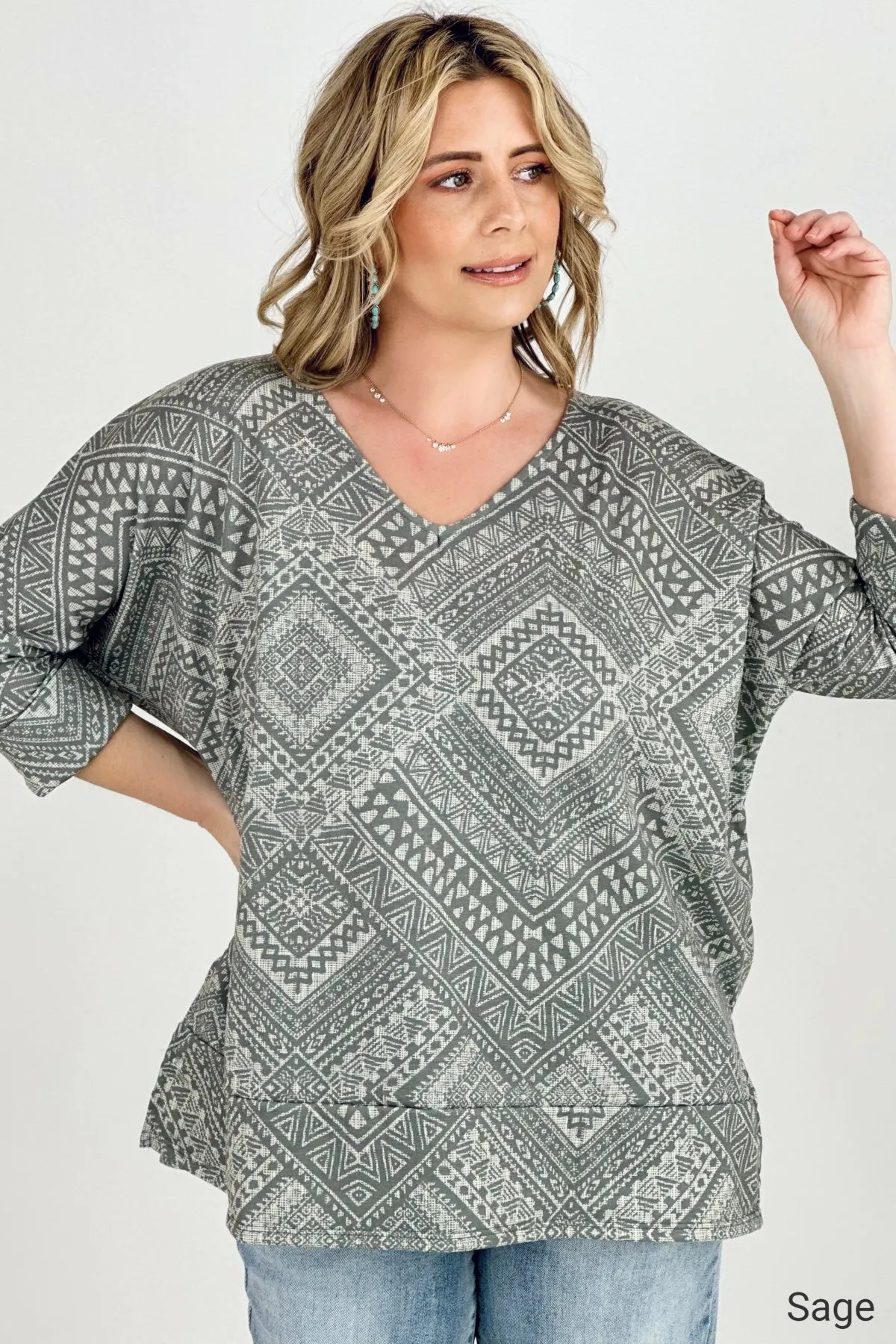 BiBi Aztec Print French Terry V Neck Top - Ships from The US