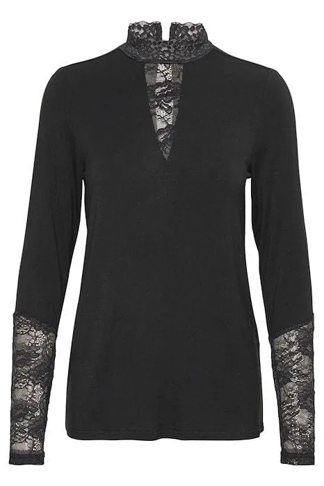 BLACK LACE INSERT V NECKLINE LACE SLEEVED TOP