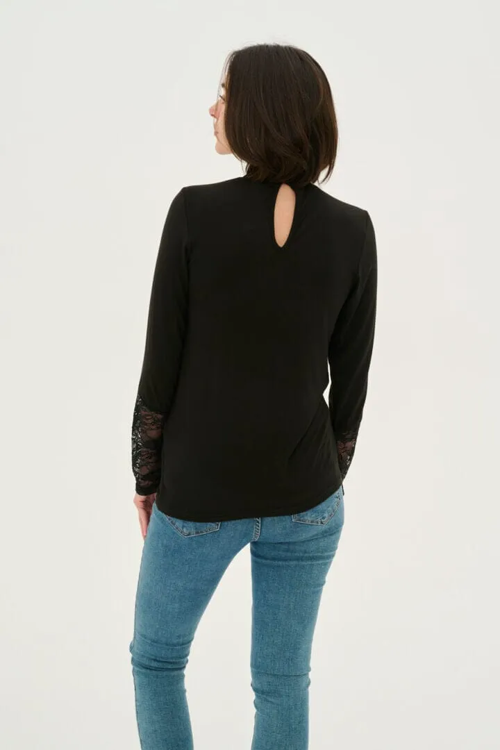 BLACK LACE INSERT V NECKLINE LACE SLEEVED TOP