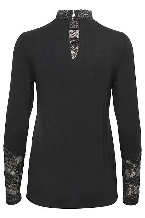 BLACK LACE INSERT V NECKLINE LACE SLEEVED TOP