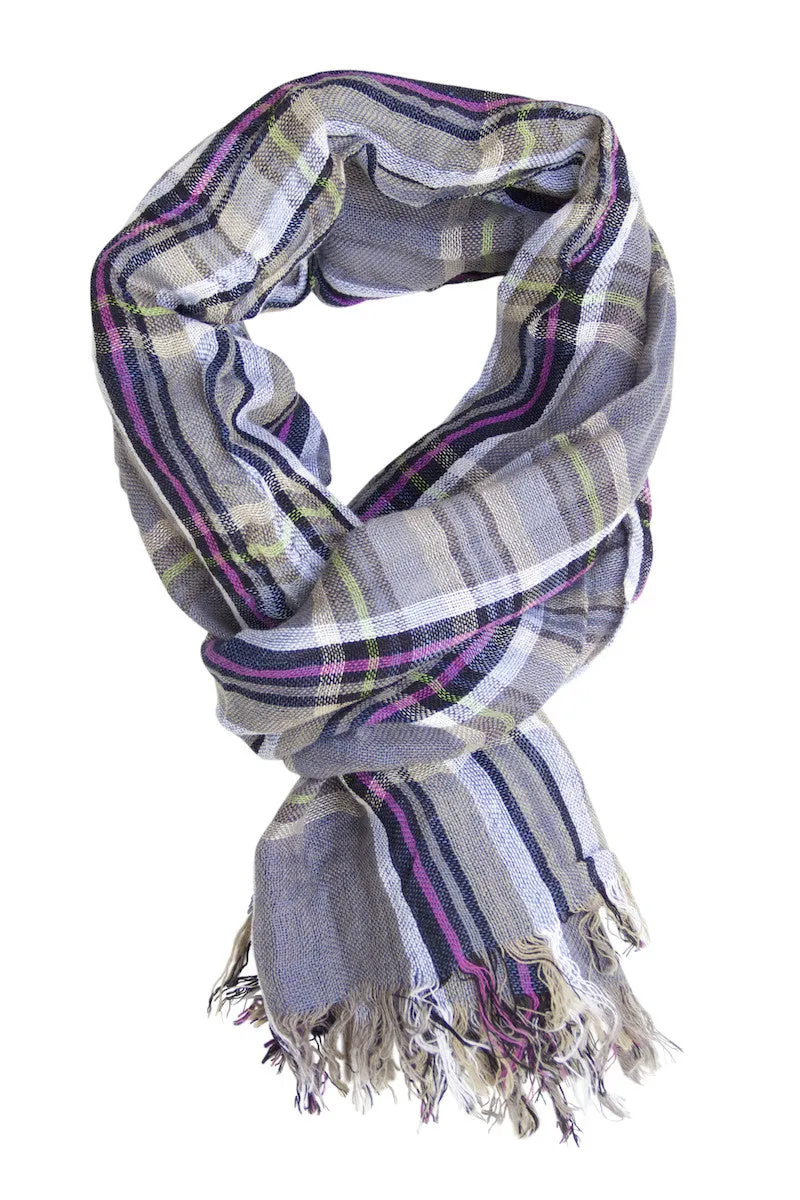 Blue and grey checked scarf with fresh colours