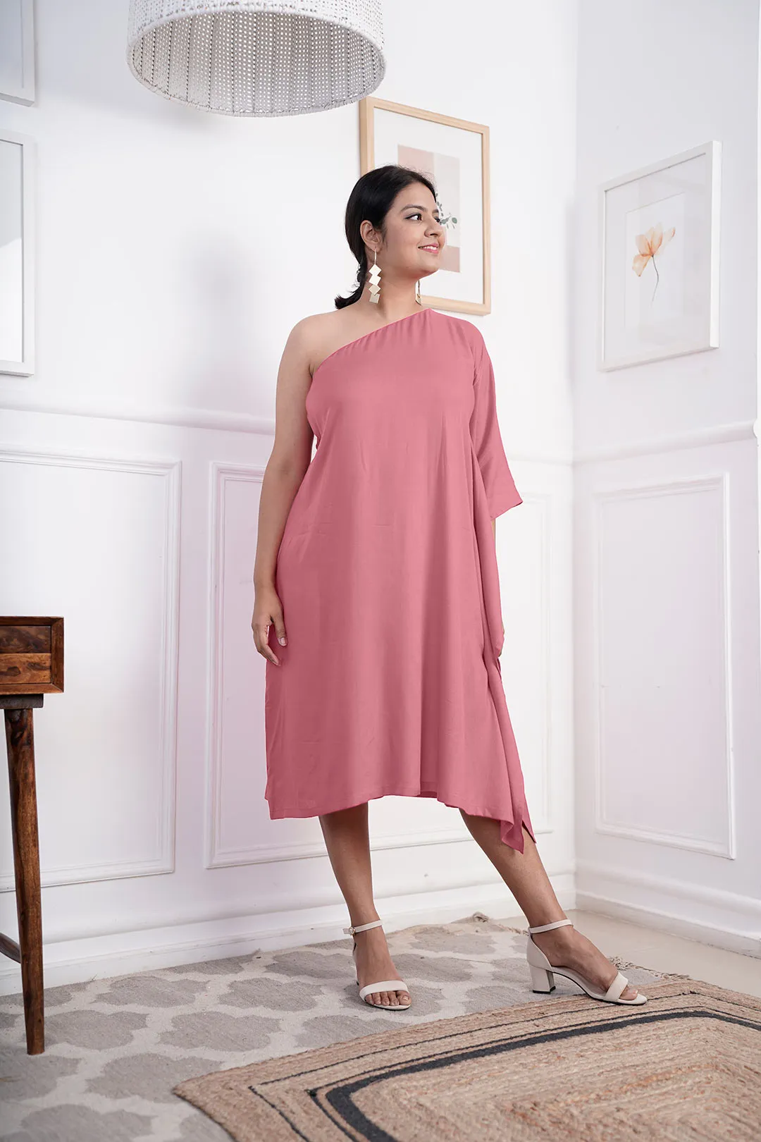 Blush Rayon OneShoulder Dress - Solid