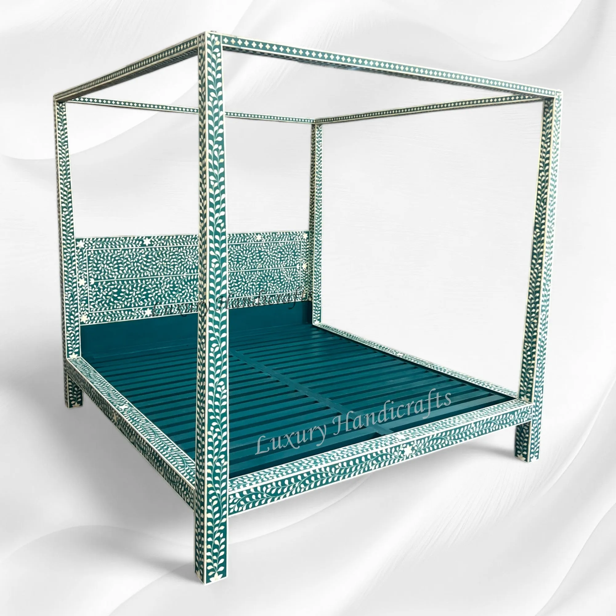 Bone Inlay Four Poster Bed Teal Green Ready