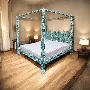 Bone Inlay Four Poster Bed Teal Green Ready