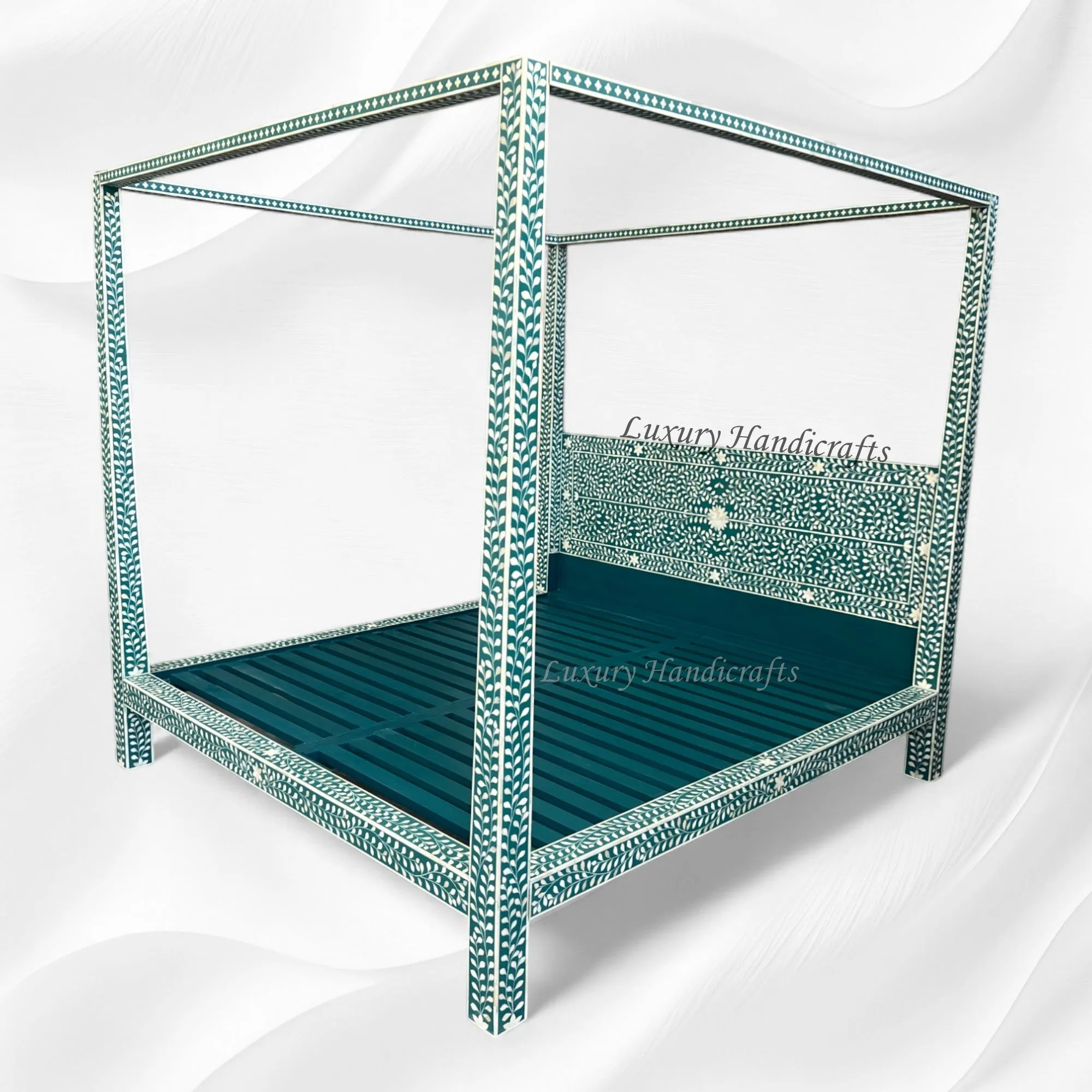 Bone Inlay Four Poster Bed Teal Green