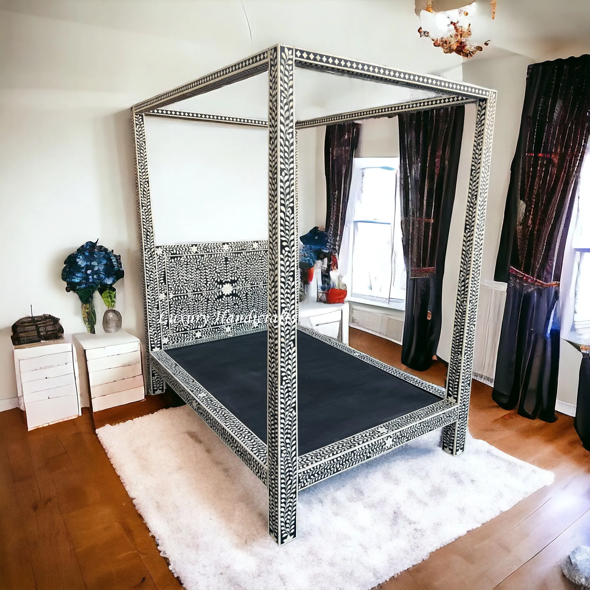 Bone Inlay Four Poster Single Bed Black