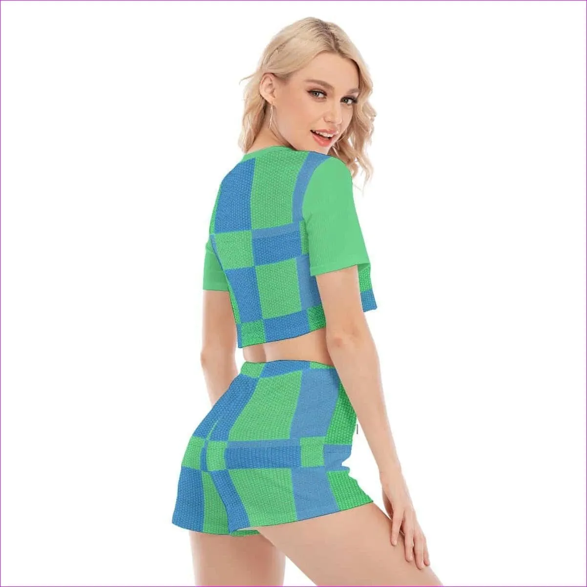 Checkered Pixel Womens O-neck T-shirt Short Set