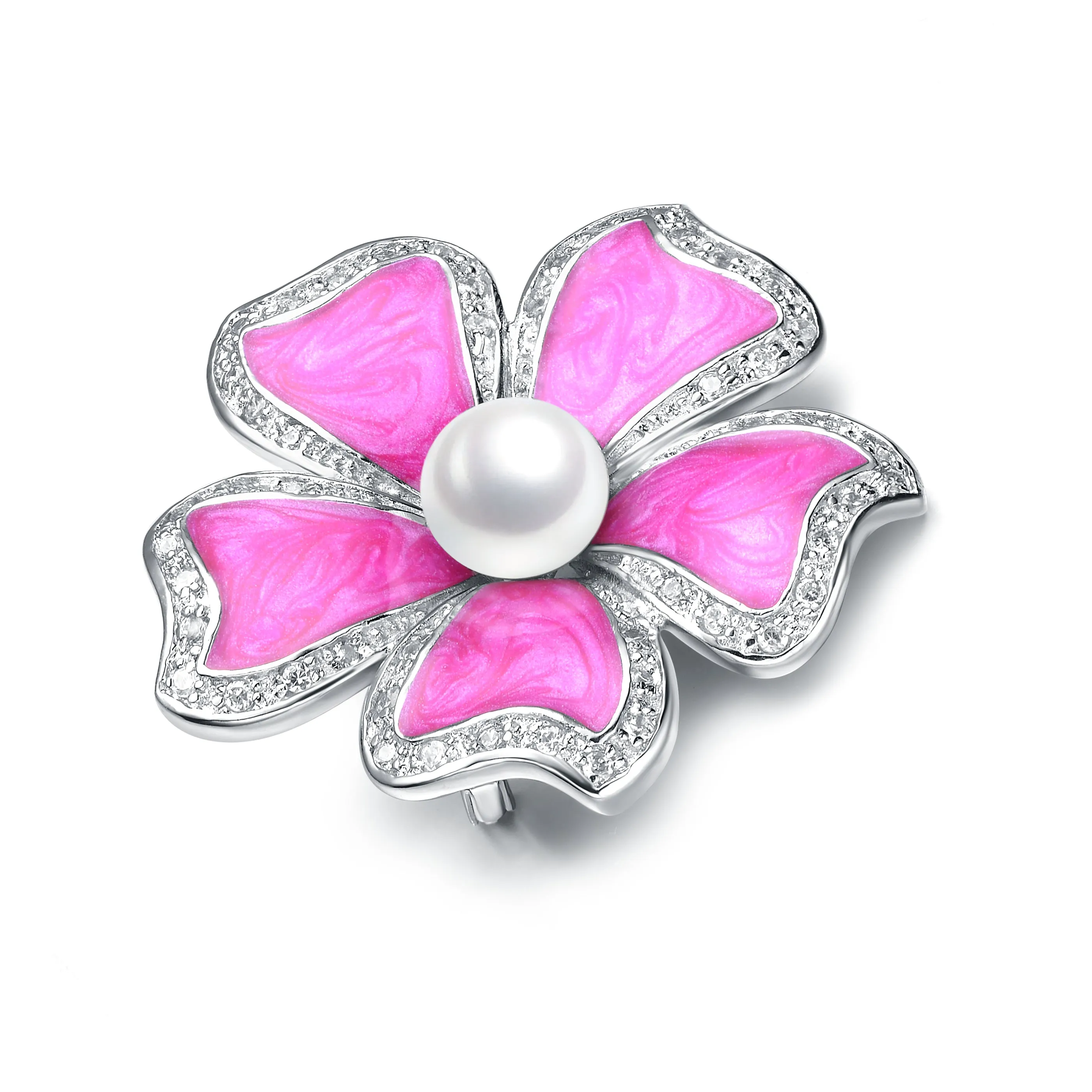 Cubic Zirconia Sterling Silver Rhodium Plated Pink Mother Of Pearl Flower Shape Pin