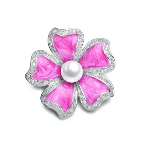 Cubic Zirconia Sterling Silver Rhodium Plated Pink Mother Of Pearl Flower Shape Pin