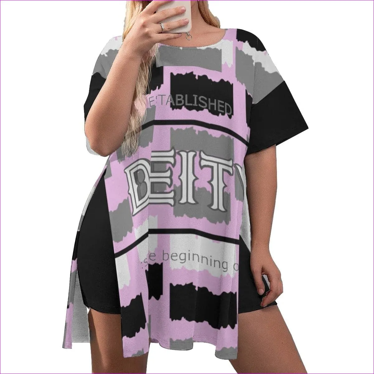 Deity Womens Drop-Shoulder Pink T-Shirt with Side Split and Shorts Voluptuous ( ) Plus Size