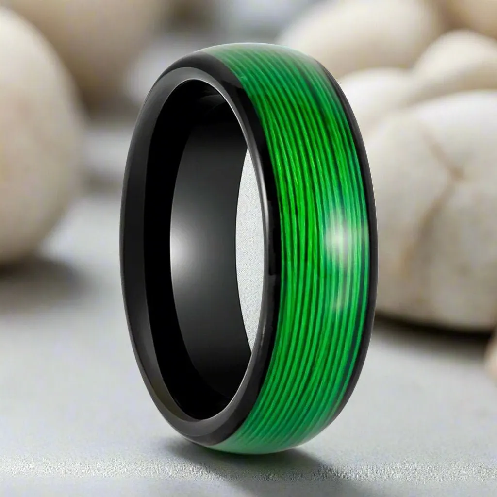 EVERGREEN | Black Tungsten Ring, Rolled Green Wire Inlay, Domed