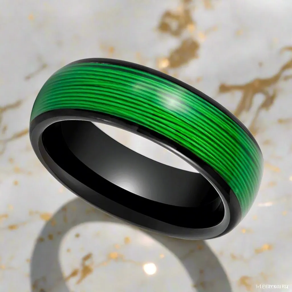 EVERGREEN | Black Tungsten Ring, Rolled Green Wire Inlay, Domed