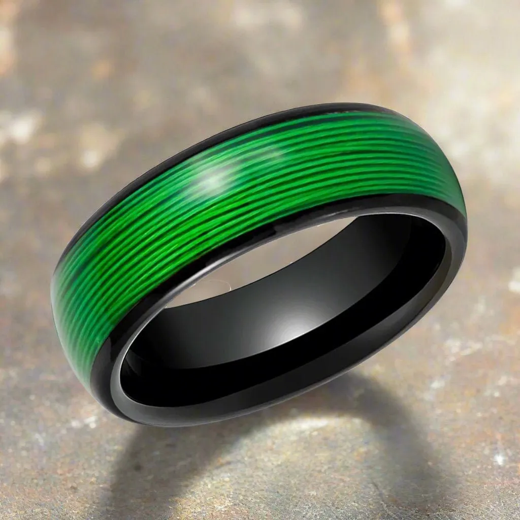 EVERGREEN | Black Tungsten Ring, Rolled Green Wire Inlay, Domed