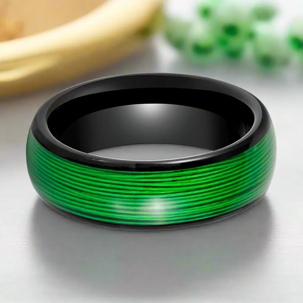 EVERGREEN | Black Tungsten Ring, Rolled Green Wire Inlay, Domed