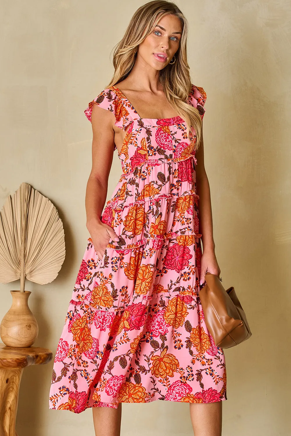 Floral Square Neck Ruffled Flutter Sleeve Tiered Midi Dress