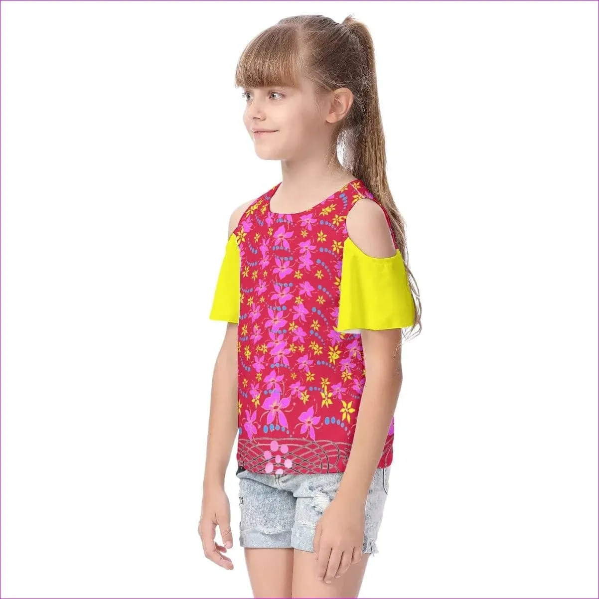 Floral Wear Kids Cold Shoulder T-shirt With Ruffle Sleeves