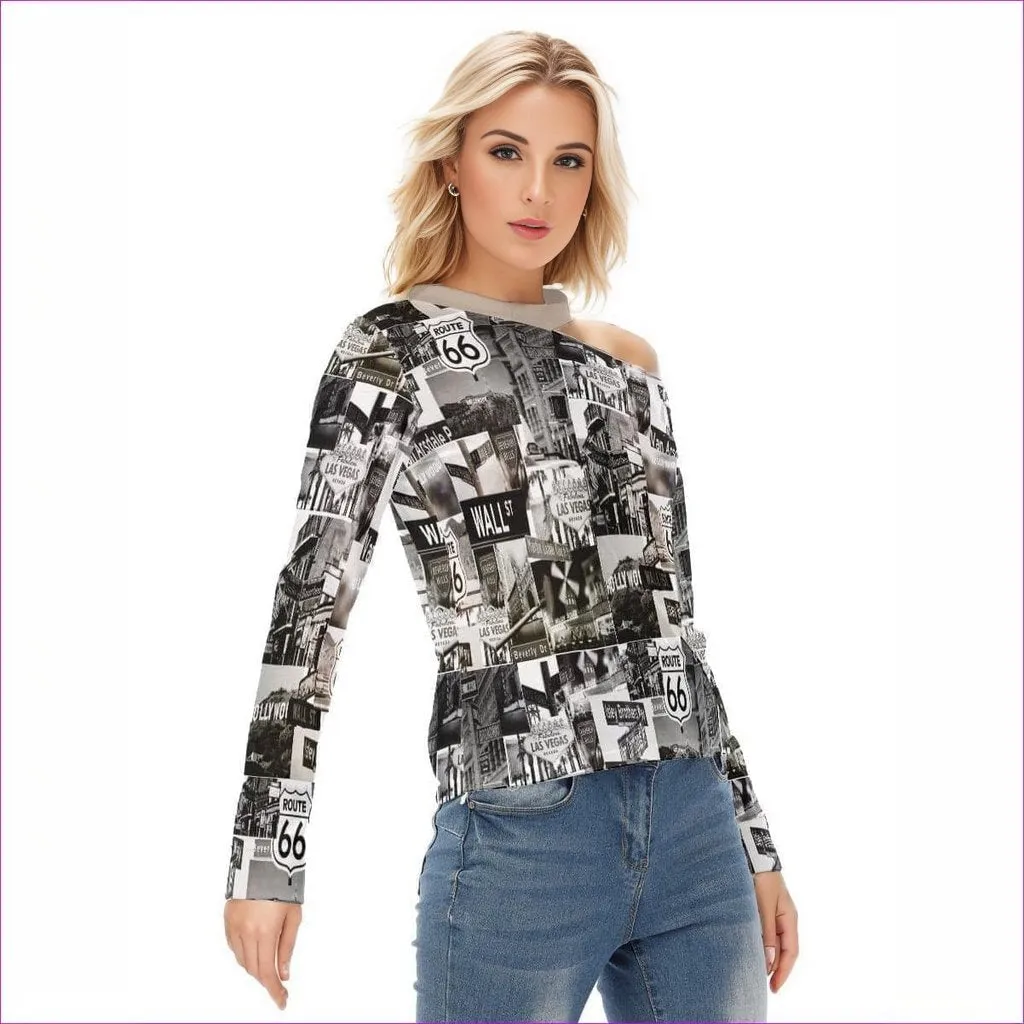 Greyed Streets Womens Off-shoulder Long-Sleeves T-shirt