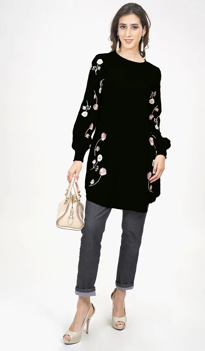 Iman Embroidered Formal Long Modest Tunic - Black