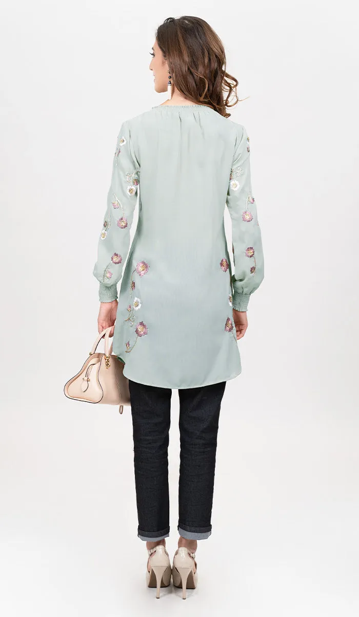 Iman Embroidered Formal Long Modest Tunic - Sage