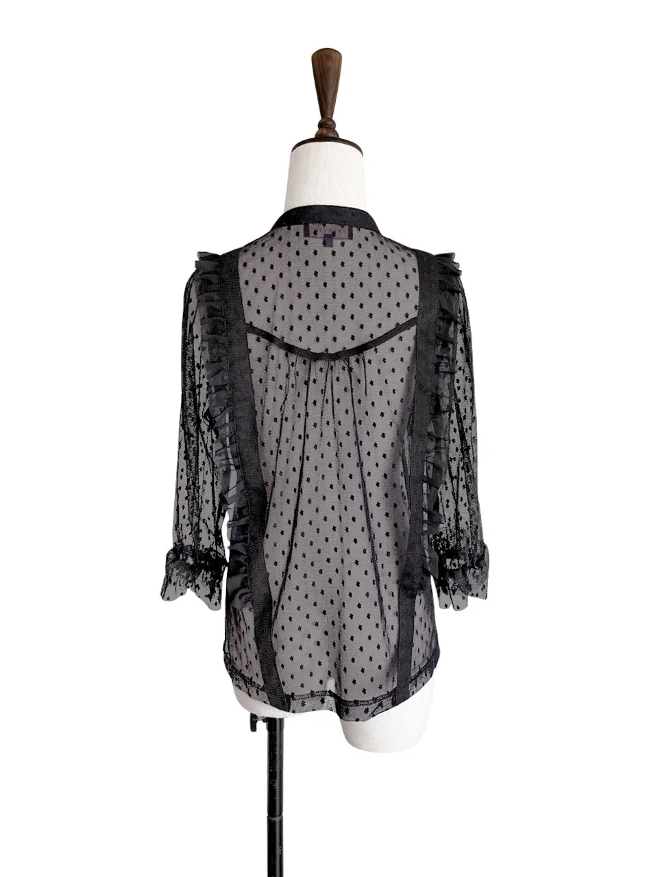 Last Chance! Black Polka Dot Ruffle Collar Sheer Tulle Blouse