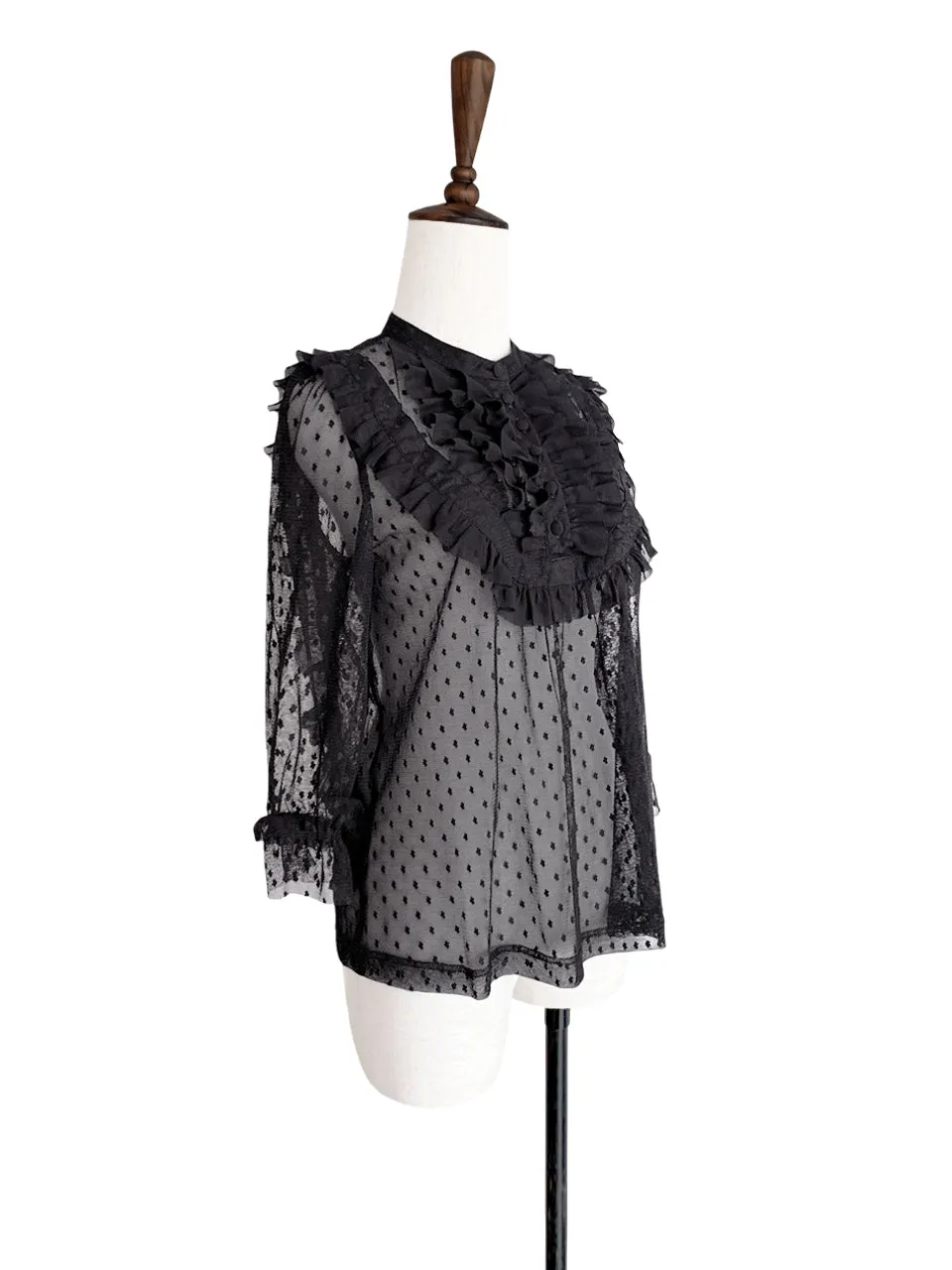 Last Chance! Black Polka Dot Ruffle Collar Sheer Tulle Blouse