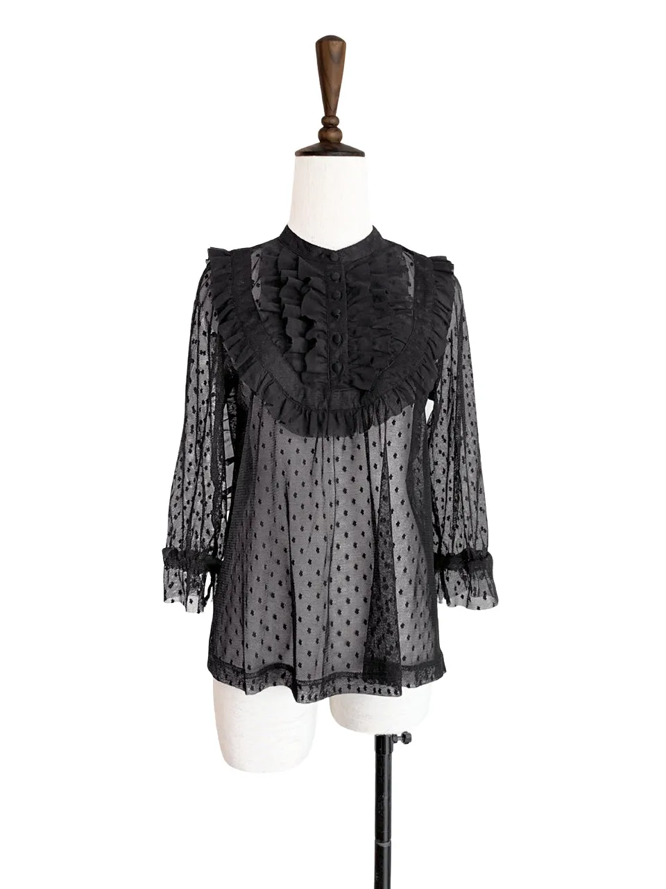 Last Chance! Black Polka Dot Ruffle Collar Sheer Tulle Blouse