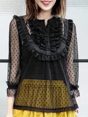 Last Chance! Black Polka Dot Ruffle Collar Sheer Tulle Blouse