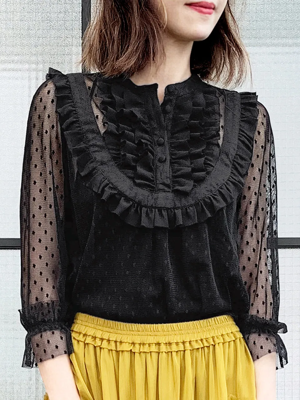 Last Chance! Black Polka Dot Ruffle Collar Sheer Tulle Blouse