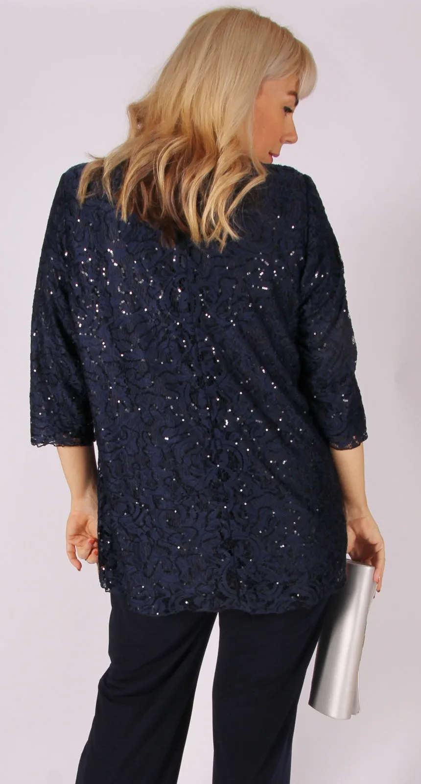 Lovely Lace and Sequins Round Neck Top Navy