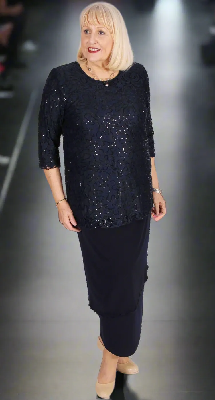 Lovely Lace and Sequins Round Neck Top Navy