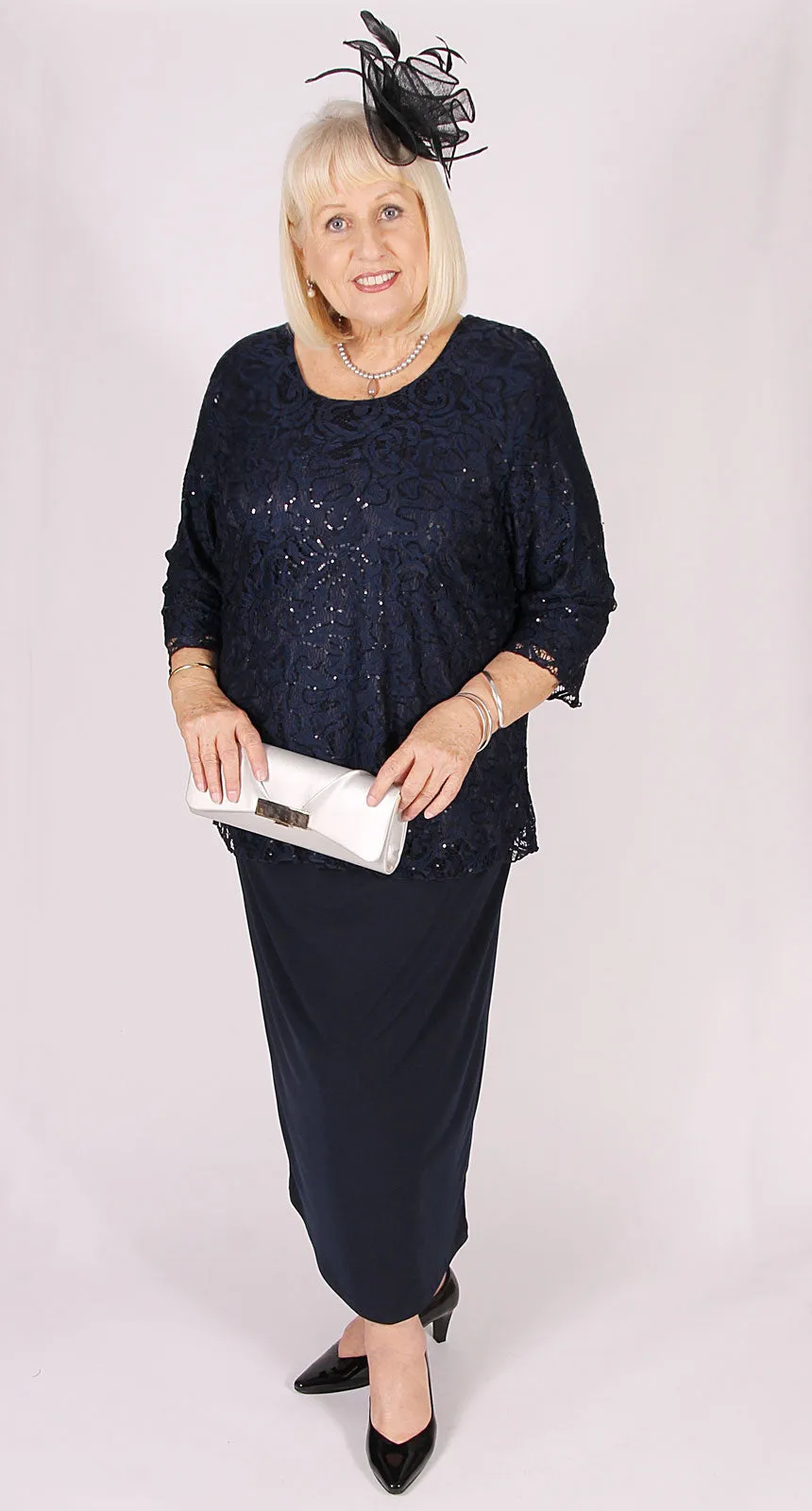 Lovely Lace and Sequins Round Neck Top Navy