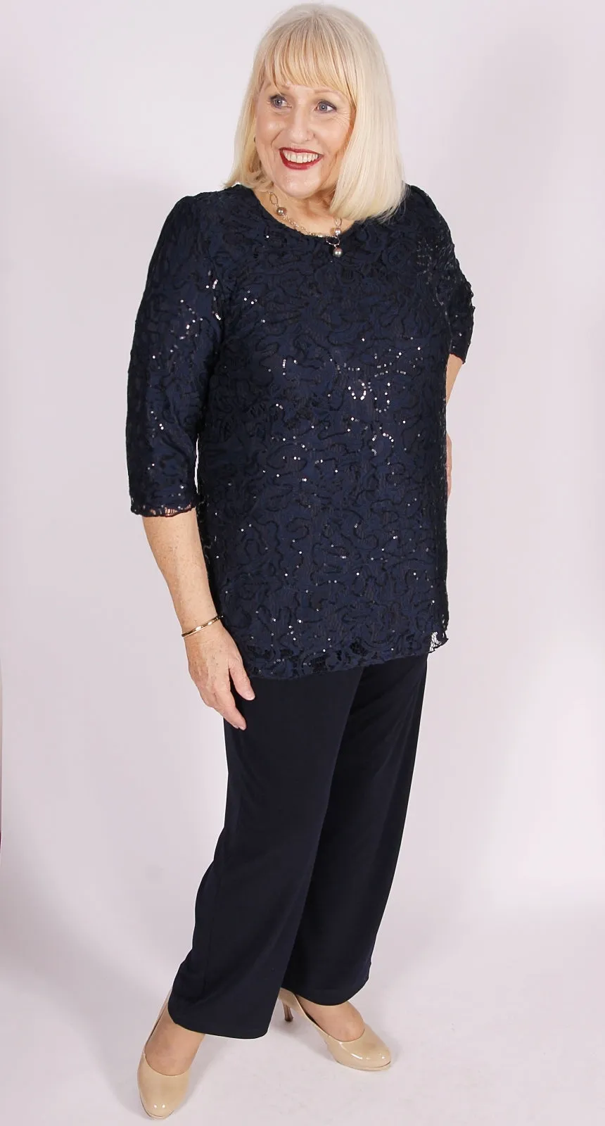 Lovely Lace and Sequins Round Neck Top Navy