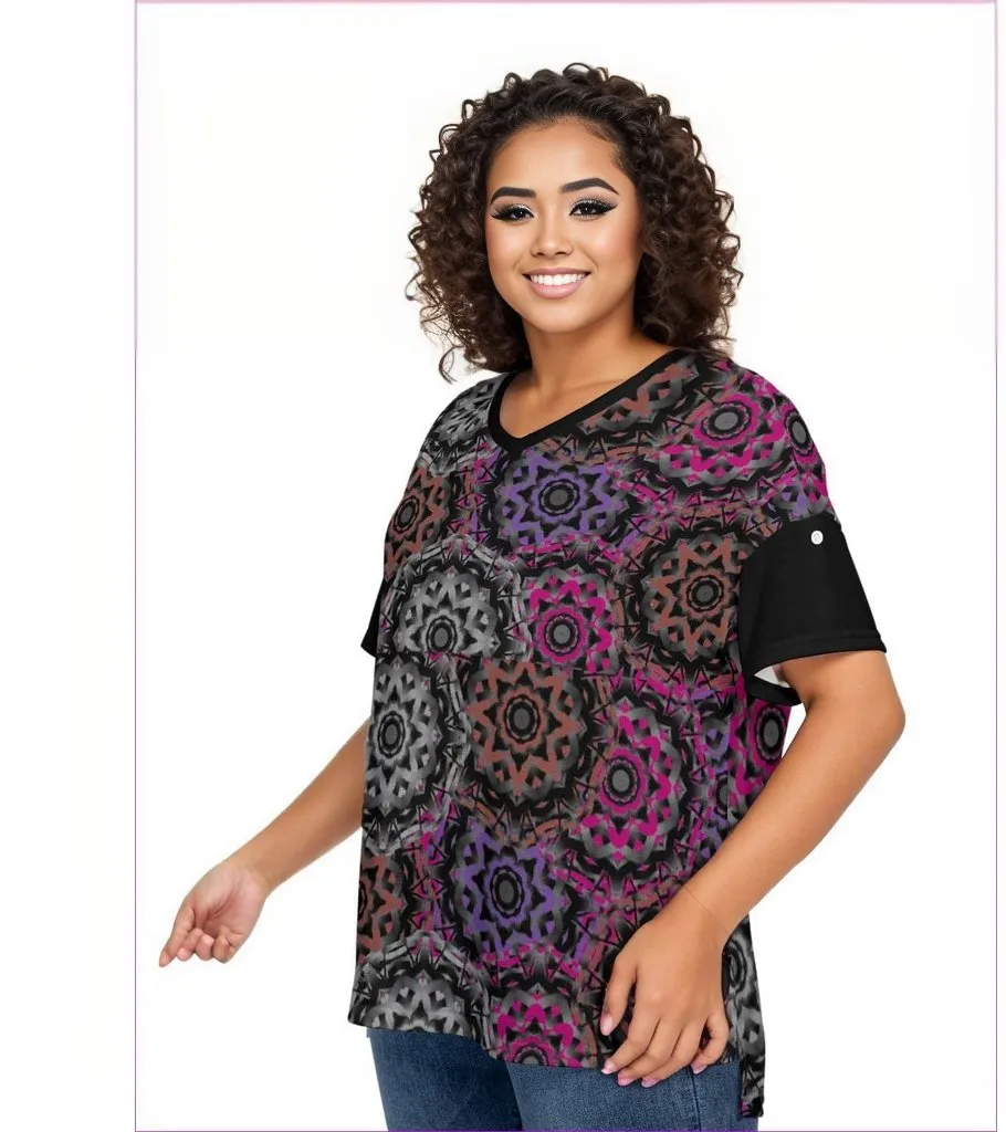 Mandala Graffiti Womens Drop-shoulder Short Sleeve T-shirt With Sleeve Loops(Plus Size)