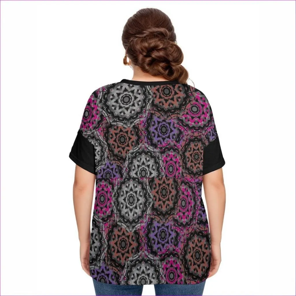 Mandala Graffiti Womens Drop-shoulder Short Sleeve T-shirt With Sleeve Loops(Plus Size)