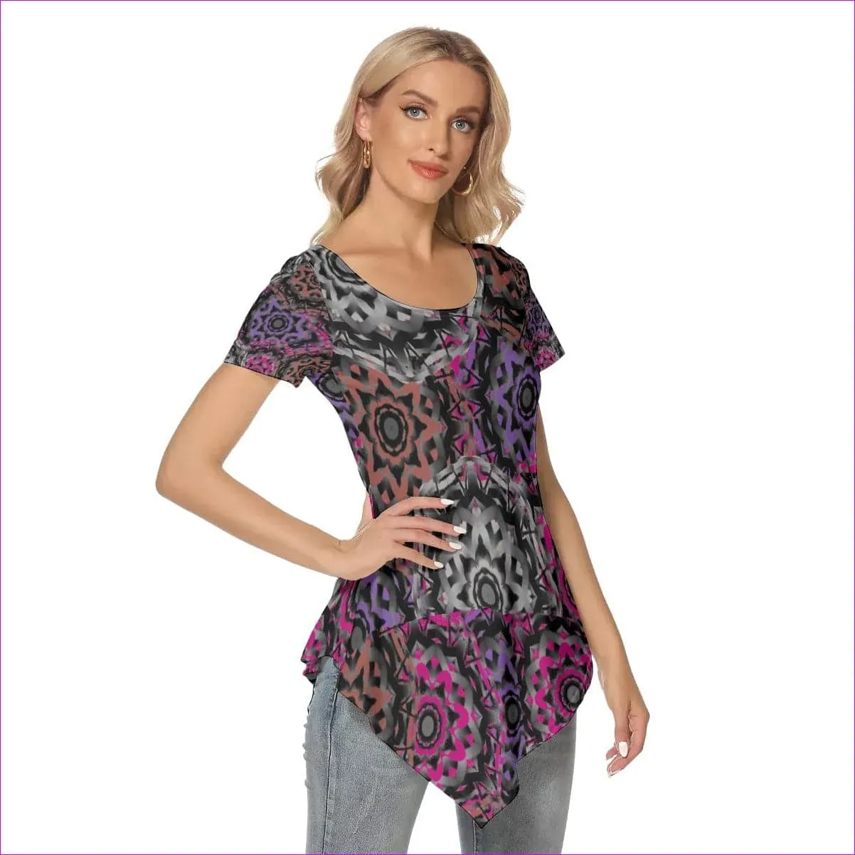 Mandala Graffiti Womens Irregular Hem Short Sleeve T-shirt