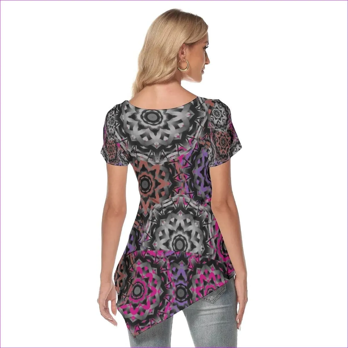 Mandala Graffiti Womens Irregular Hem Short Sleeve T-shirt