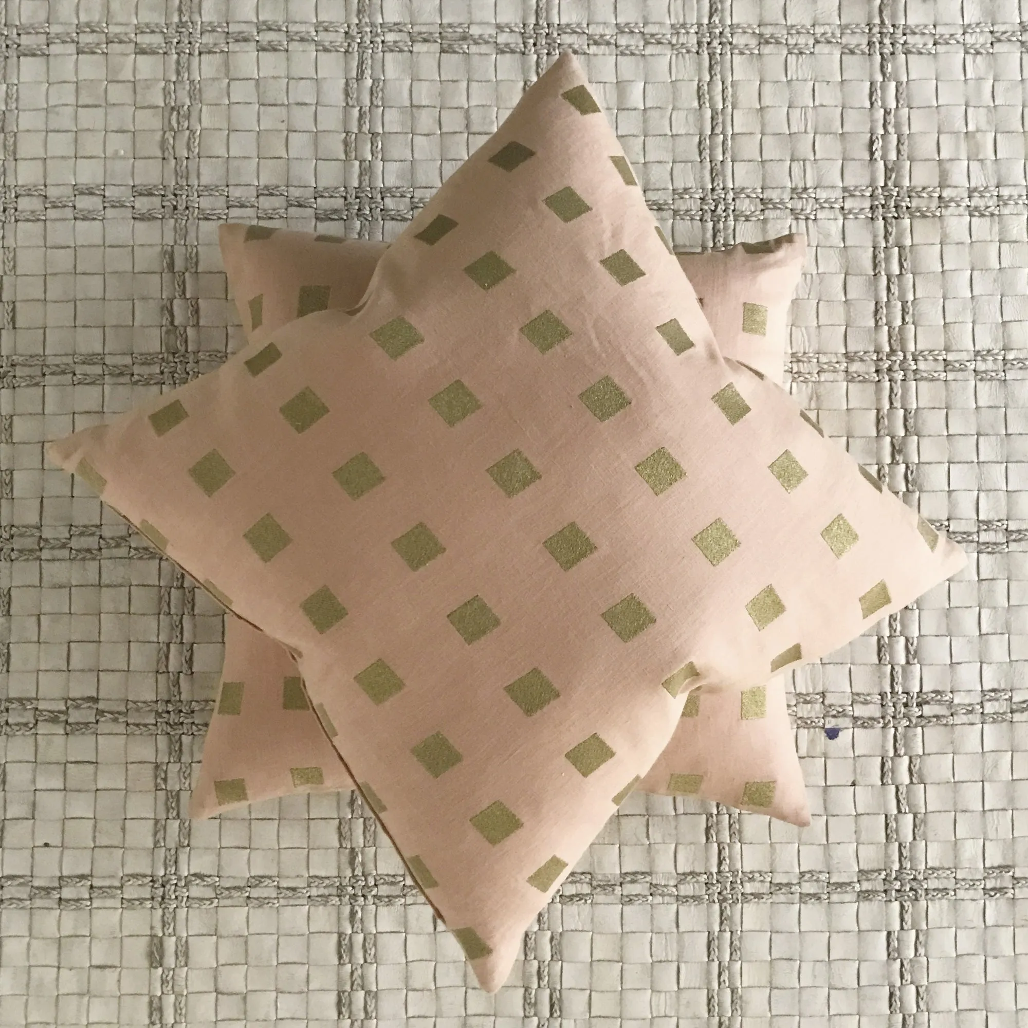 Natural Linen Geometric Green Square Throw Pillow Cover 20x20