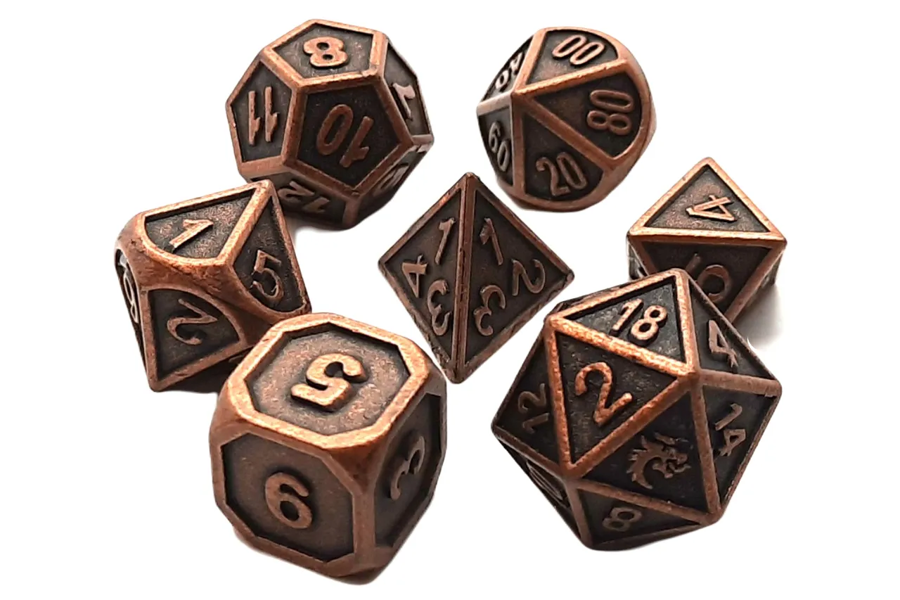 Old School 7 Piece DnD RPG Metal Dice Set: Dwarven Forged - Ancient Bronze