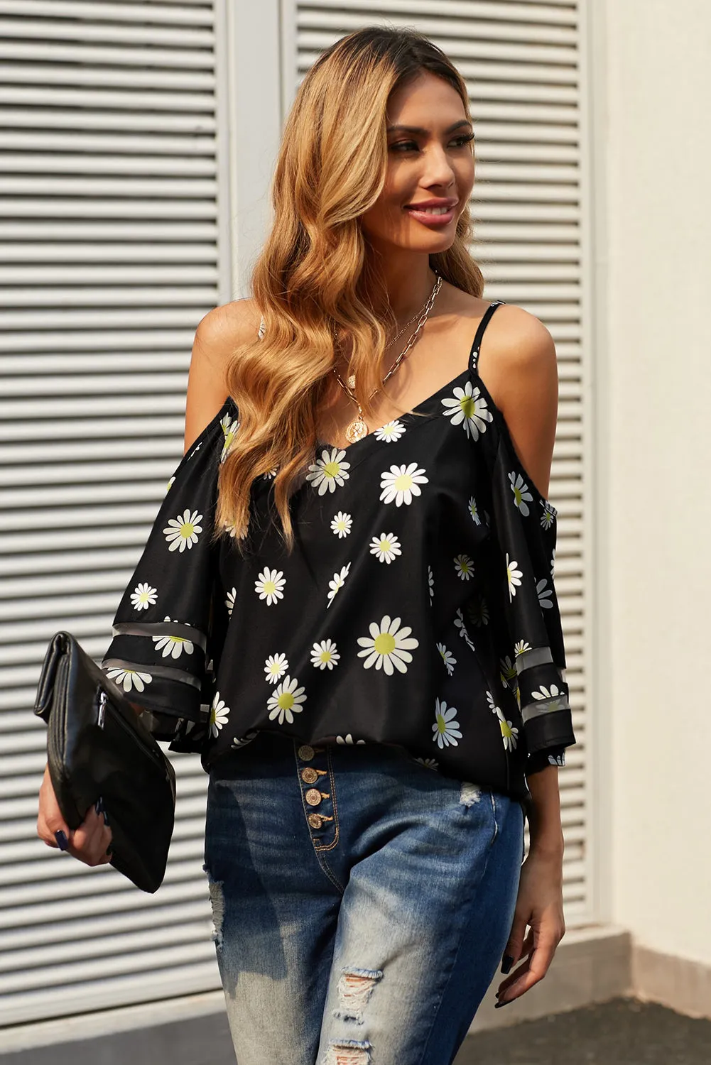 Printed Cold-Shoulder Three-Quarter Flare Sleeve Blouse - 3 styles