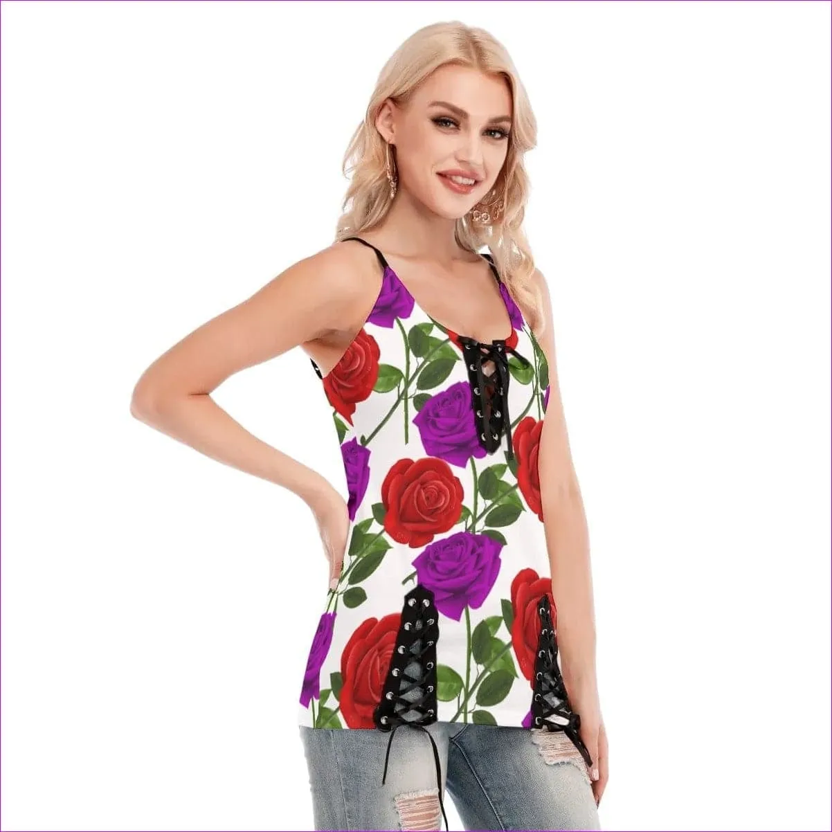 Red Rose Purp Women's V-neck Eyelet Lace-up Cami