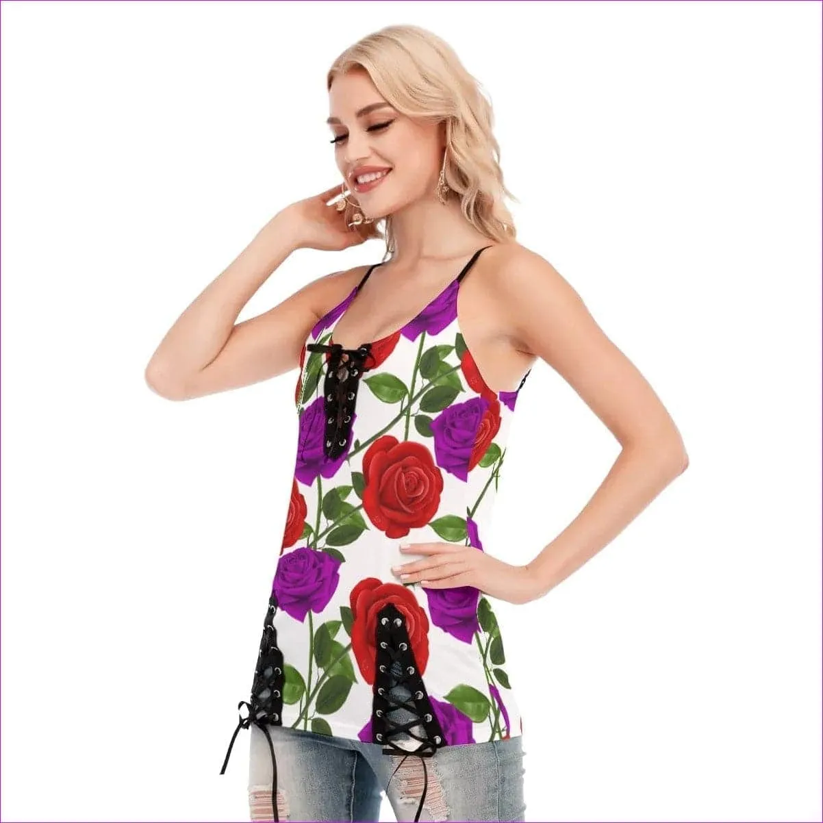 Red Rose Purp Women's V-neck Eyelet Lace-up Cami