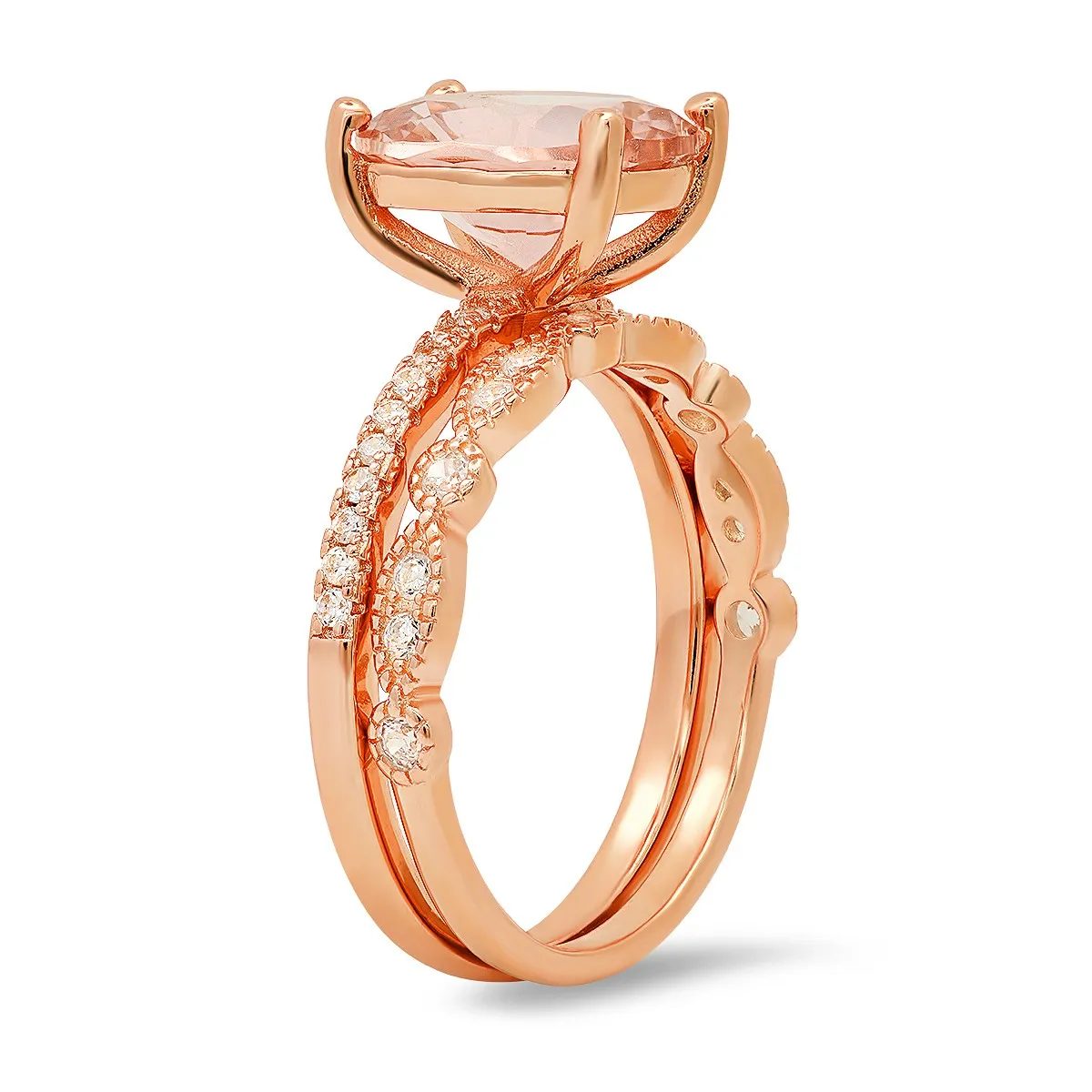 Rose Gold Over Silver Oval-cut Morganite CZ 2pc Stackable Ring Set