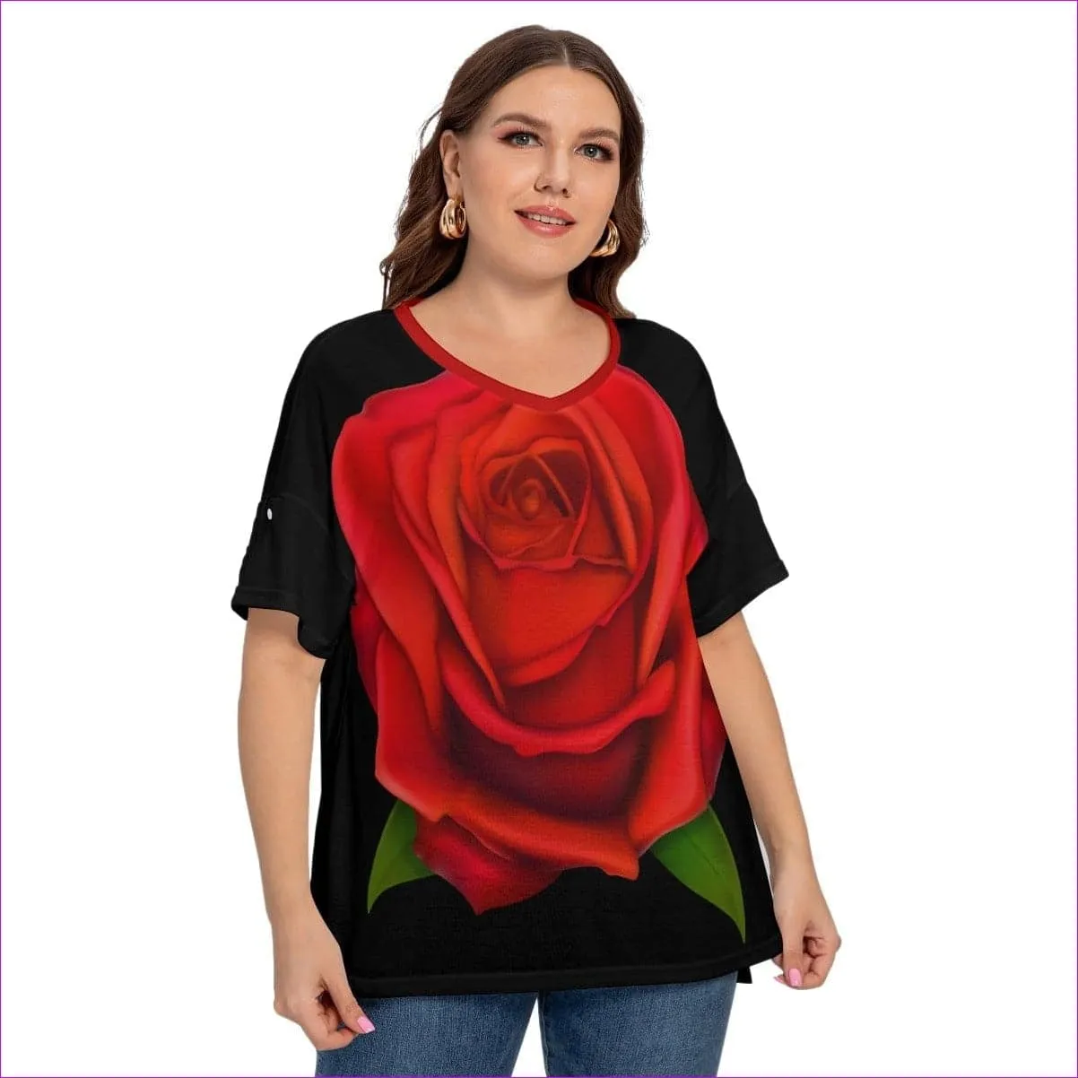 Rose Women's Drop-shoulder Short Sleeve T-shirt With Sleeve Loops Voluptuous ( ) Plus Size