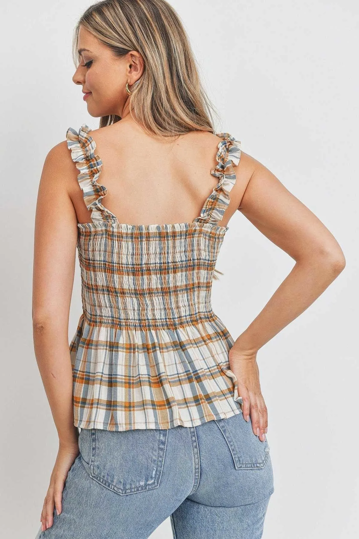 Ruffle Strap Smocked Peplum Plaid Halter Top - Ships from The US